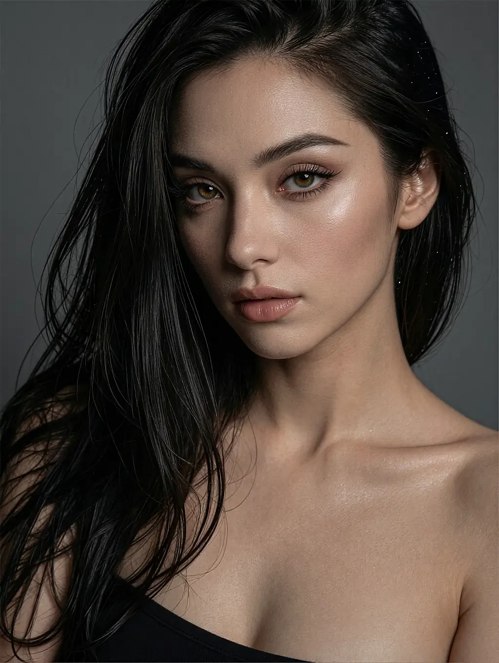 Fictional AI character in a black strapless top with sleek dark hair, plain studio portrait