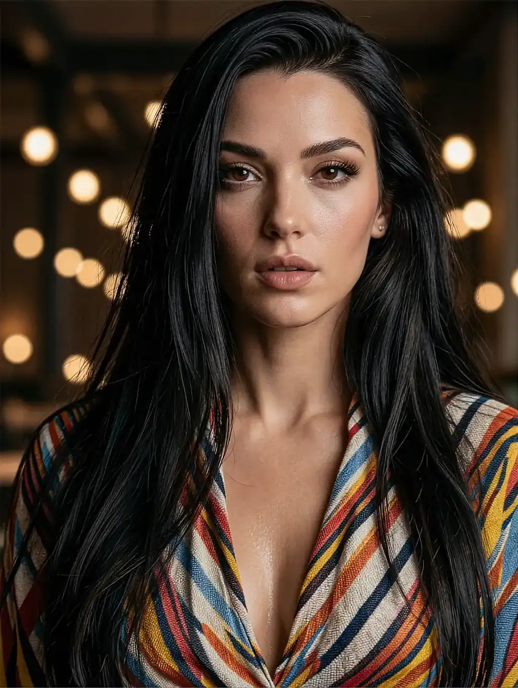 Fictional AI character in a colourful striped shirt in front of warm bokeh lights