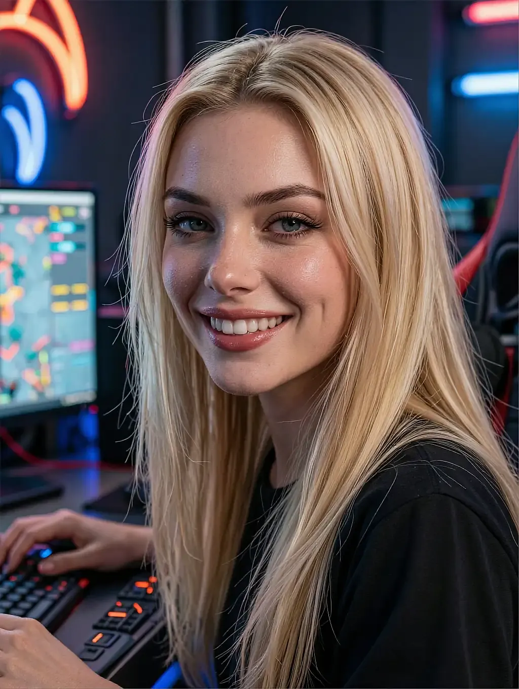 Fictional AI character in a black tee smiling at a computer with a glowing keyboard