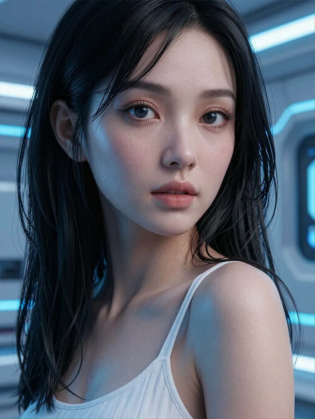 Fictional AI character with long black hair in a white top in a cool blue-lit corridor